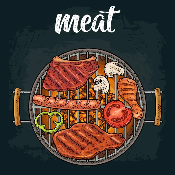 烤肉与木炭，香肠，腿，牛排。 复古版画 — 图库矢量图片