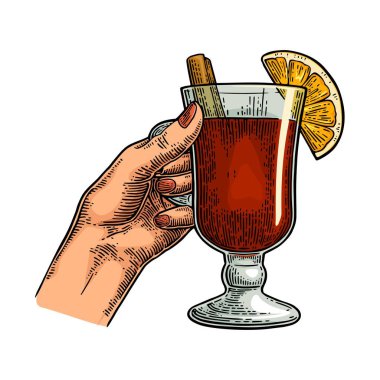 Bir kadeh şarap tutan kadın eli. Vintage vektör gravür i