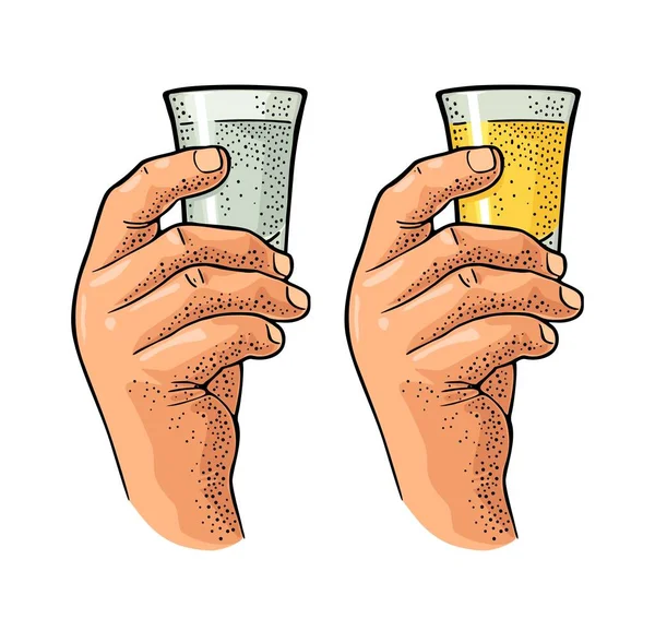 Male hand holding glass tequila. Vintage vector engraving — Stock Vector