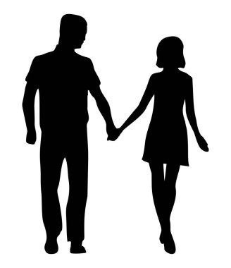 Çift el ele tutuşuyor. Önden insanların silueti görünüyor. Siyah vektör simgesi