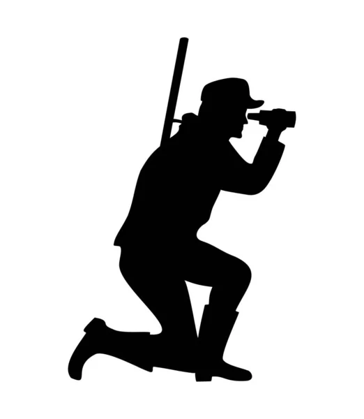 Hunter met geweer kijkt door een verrekijker. Vector silhouet pictogram — Stockvector