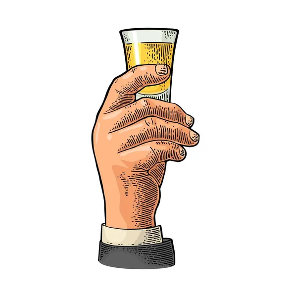 Tequila di vetro in mano maschile. Incisione vettoriale vintage — Vettoriale Stock