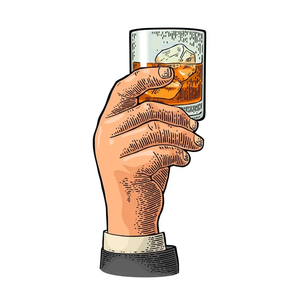 Un hombre sosteniendo whisky de cristal. Grabado vectorial Vintage — Vector de stock