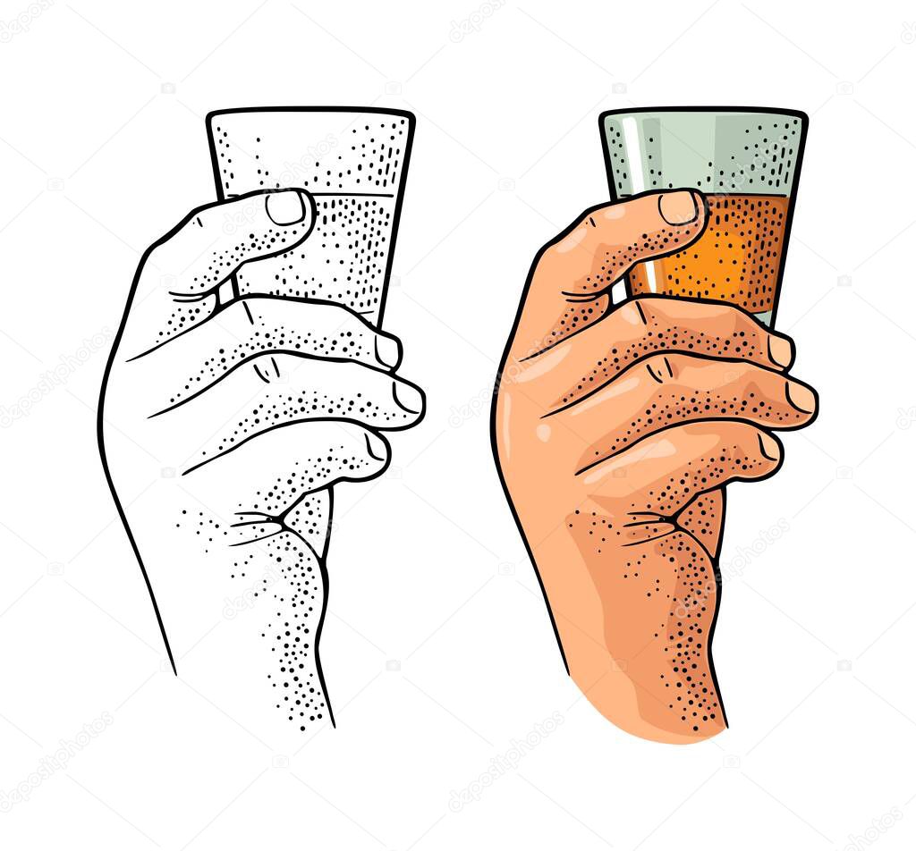 Male hand holding glass rum. Vintage color vector engraving
