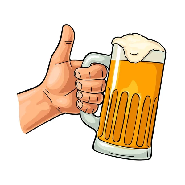 Männliche Hand hält Bierglas und zeigt Symbole wie. Vektorflache Abbildung — Stockvektor