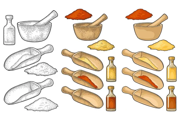 Argamassa de madeira, pilão, colher e garrafa de vidro tintura. Gravura vintage —  Vetores de Stock