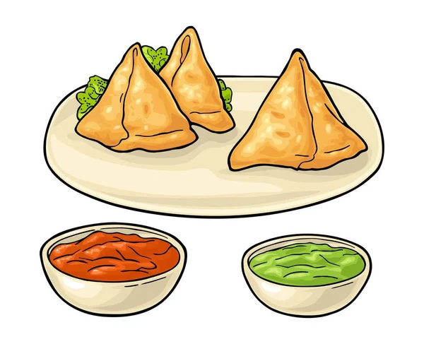 Samosa Plate Sauces Bowl Indian Traditional Food Vector Color Flat — Stock Vector