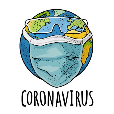 Mavi tıbbi maske ve gözlüklü Dünya gezegeni. Klasik renkli gravür çizimi. Beyazda izole edilmiş. Coronavirus el yazısı. Poster karantinası için elle çizilmiş tasarım ögesi