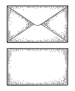 Kraft kağıt postalarını kapat. Ön ve arka manzara. Vector black vintage gravür çizimi. El çizimi tasarım ögesi