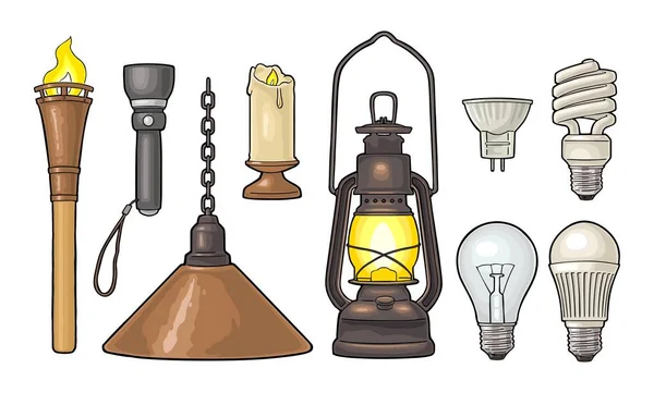 Beleuchtungsobjekt Setzen Taschenlampe Kerze Taschenlampe Retro Gaslampe Glühbirne Halogen Cfl — Stockvektor