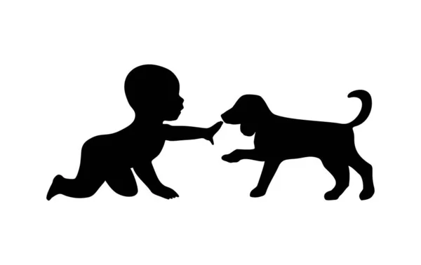 Enfant Caressant Labrador Chiot Chien Personnes Promenant Silhouette Icône Plate — Image vectorielle