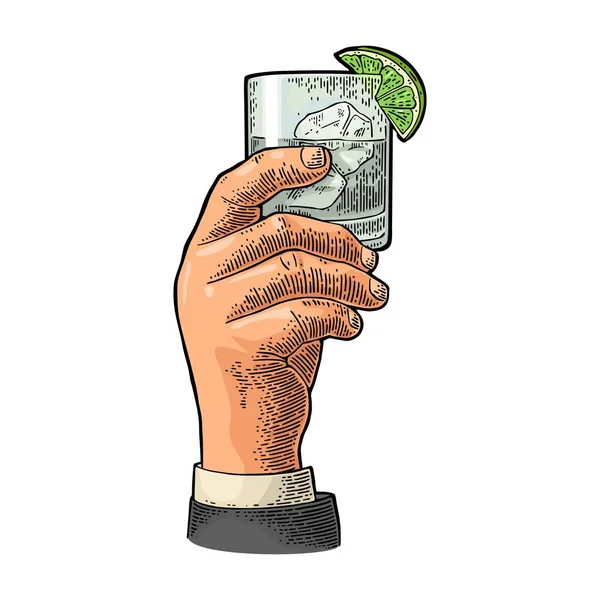 Male hand holding glass gin. Vintage vector engraving — Stock Vector