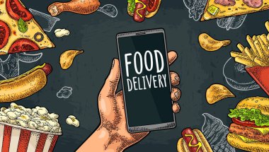 Fast food hazırla. Kahve, hamburger, pizza, sosisli sandviç, kızarmış patates, patlamış mısır.