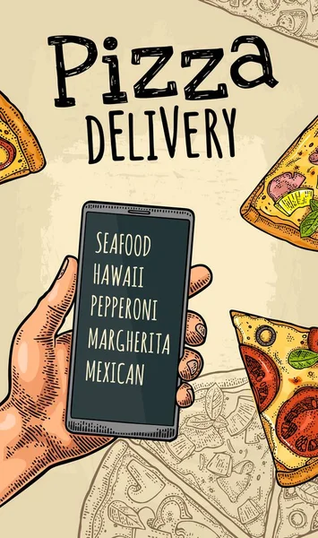 Pizza siparişi vermek için cep telefonuna dokunan dikey afiş elleri — Stok Vektör