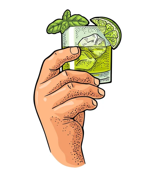 Male hand holding glass gin. Vintage vector engraving — Stock Vector