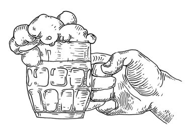 Erkek el ele tutuşup, bira bardağını tokuşturmak. Vintage vektör renk çizimi