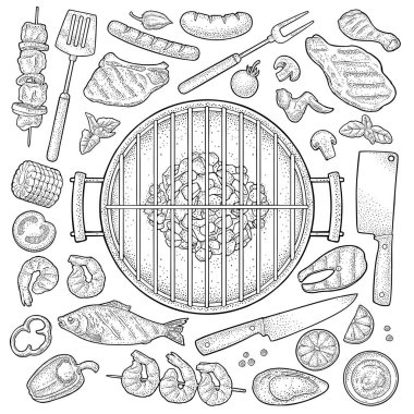 Mangal ızgarası üst kömür, kebap, mantar, domates, biber, biftek.