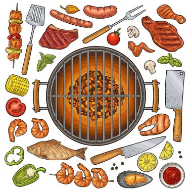 Mangal ızgarası üst kömür, kebap, mantar, domates, biber, biftek.