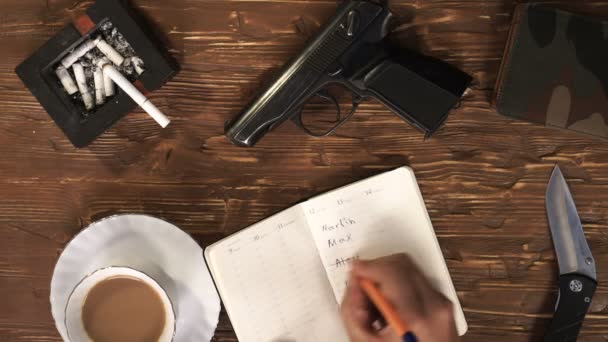 Κάτοψη του δολοφόνου στο χώρο εργασίας. τσιγάρο, μαχαίρι, όπλο και σημειωματάριο. — Αρχείο Βίντεο