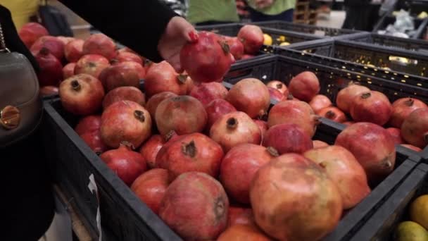 Žena kupující červené granátové jablko v supermarketu. Zblízka záběr ženských rukou. Spotřebitelství, prodej, koncepce ekologické a zdravotní péče — Stock video