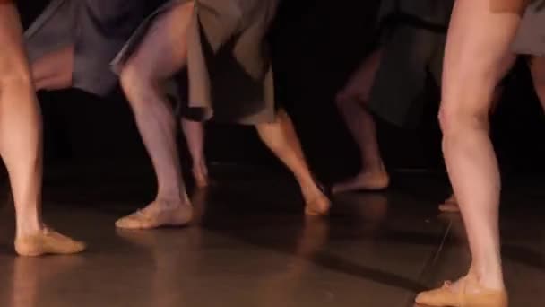 Sluiten van balletdanseres als ze oefeningen doet op het donkere podium of in de studio. Vrouwen en mannen voeten in puntschoenen. — Stockvideo