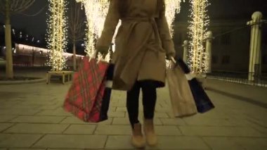 Kadın, alışveriş torbalarıyla Avrupa Noel pazarının tadını çıkarıyor. Kış kenti caddesinde yürüyen alışveriş kızı, Noel hediyeleri, mutlu yıllar hediyeleri.