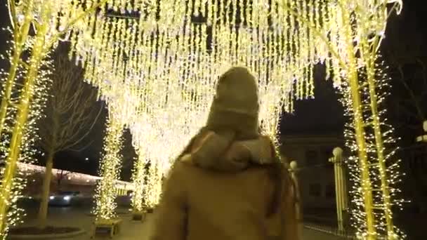 Приголомшений вид пішоходів йде по красиво прикрашеній для зимових свят вулиці до найбільшого європейського різдвяного дерева. Москва — стокове відео