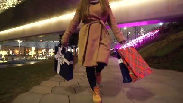 Frau genießt europäischen Weihnachtsmarkt mit Einkaufstüten. Shopping girl walking winter city street, weihnachtsgeschenke, glückliches neues jahr geschenke — Stockvideo