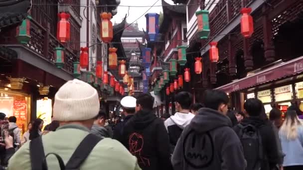 Šanghaj, Čína - 02. Leden 2020: Lucerna festival v čínském Novém roce, pohled na barevné lucerny a přeplněné lidi procházky v Yuyuan Garden. — Stock video