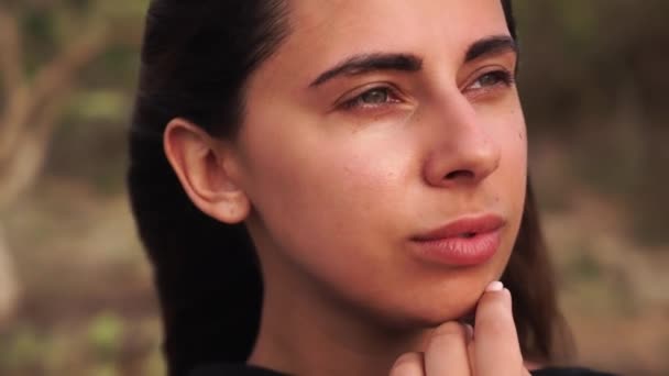 Close-up portret van een dure vrouw die in de wind staat. De wind speelt met het haar van het meisje. stormachtig weer — Stockvideo