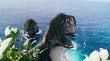 Nusa Penida, Bali, Endonezya 'nın havadan görünüşü. Bali 'deki Nusa Penida Adası' ndaki Manta Körfezi veya Kelingking Sahili. Nusa Penida, Bali 'nin en ünlü turistik yerlerinden biridir..