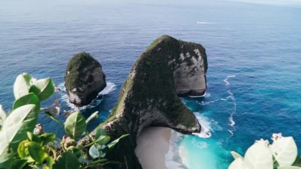 Nusa Penida, Bali, Endonezya 'nın havadan görünüşü. Bali 'deki Nusa Penida Adası' ndaki Manta Körfezi veya Kelingking Sahili. Nusa Penida, Bali 'nin en ünlü turistik yerlerinden biridir.. — Stok video