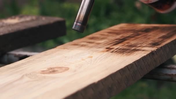 Požární úprava dřeva pro stavbu. Průvodce zpracuje strom ohněm — Stock video
