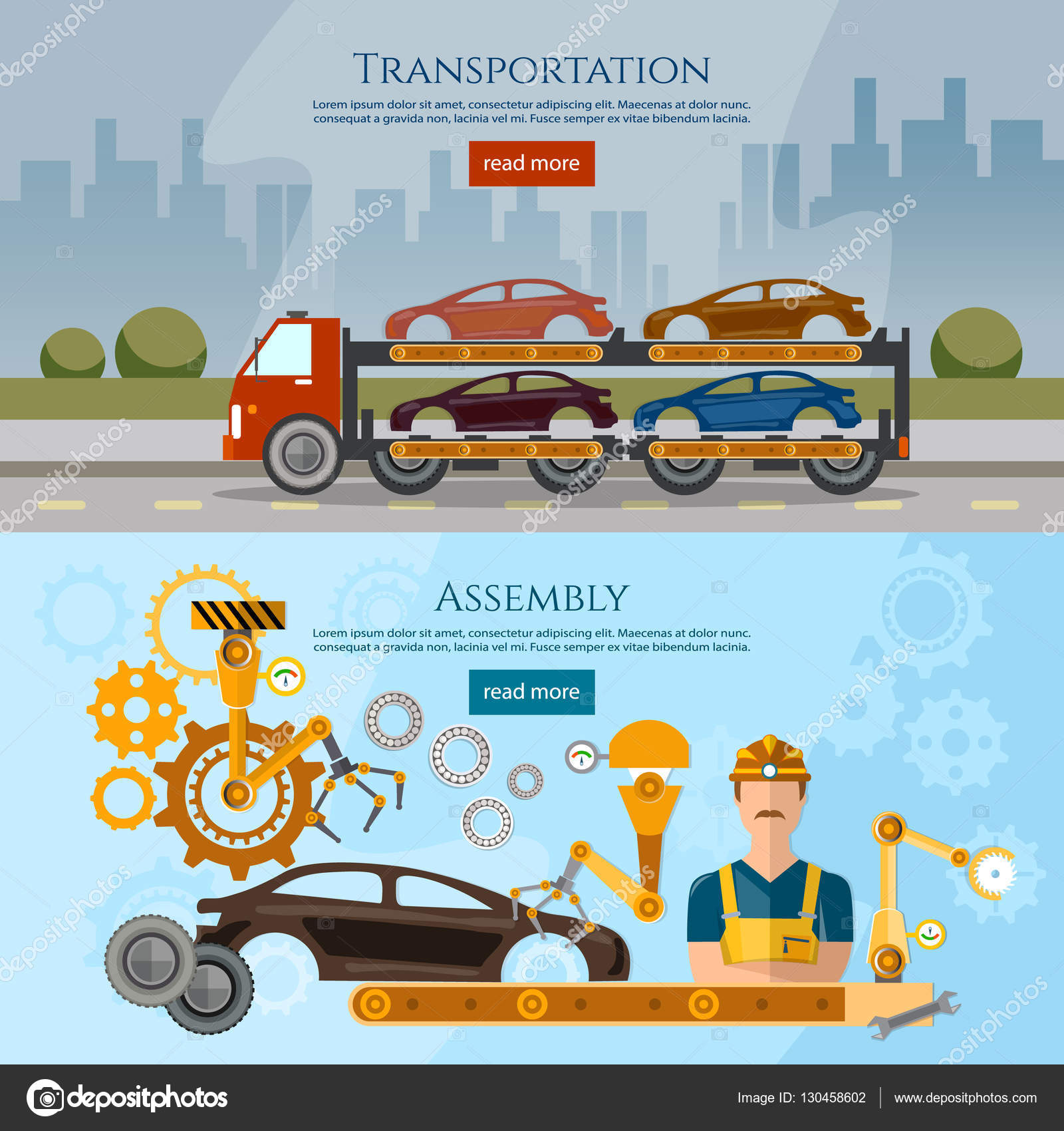 Car Assembly Line Process Banner, Car Transport Truck Stock Vector Image By  ©Matriyoshka #130458602