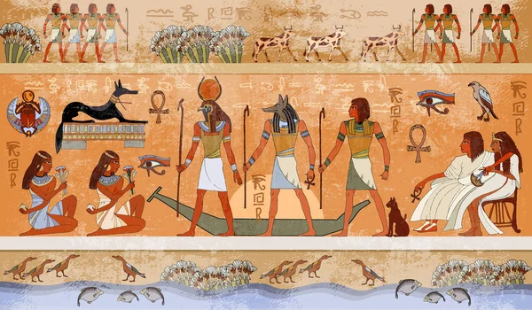 Ancient Egypt scene, mythology. Egyptian gods and pharaohs