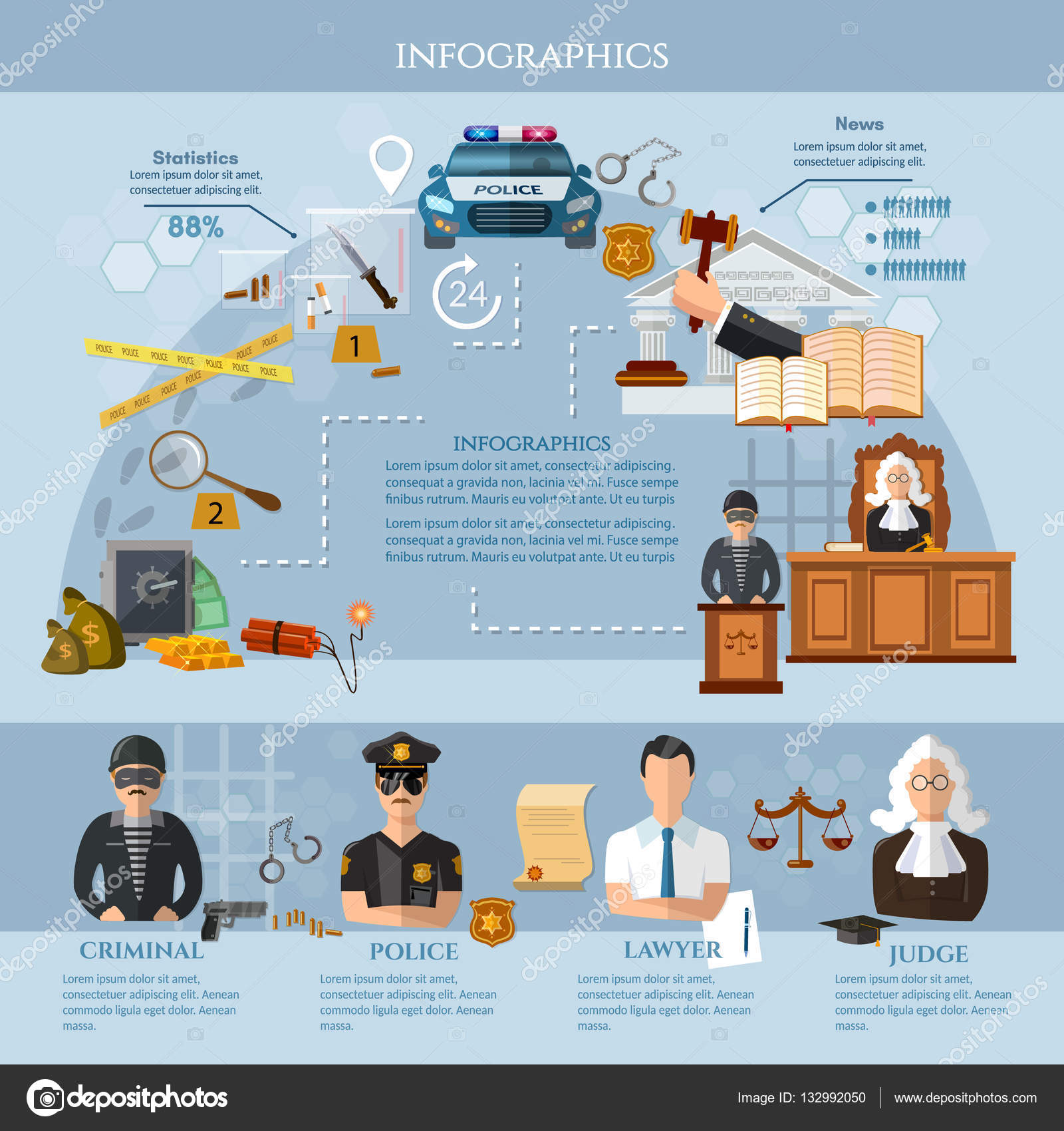 System of justice, crime and punishment info graphics — Stock Vector