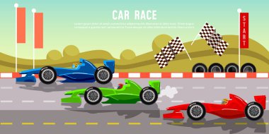 Car racing banner. Tyre drift on race circuit finish line
