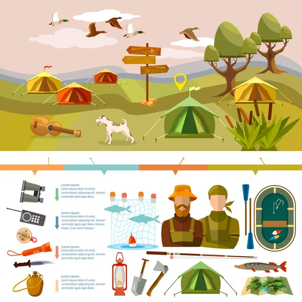 Outdoor recreation infographics. Fishing, hunting, camping