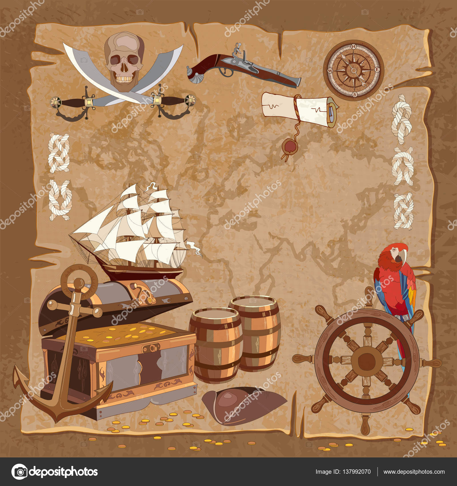 Old pirate treasure map. Adventure stories background — Stock Vector
