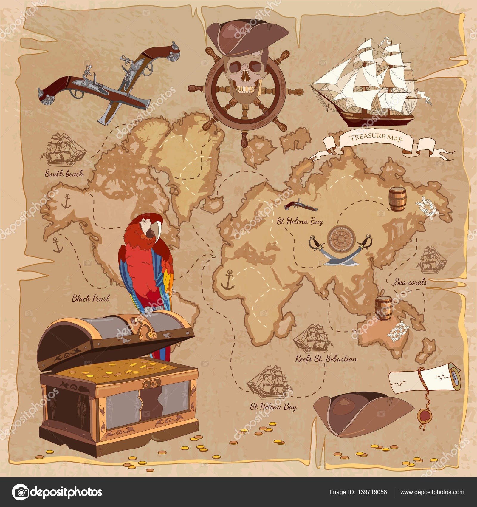Treasure map art Old pirate treasure map. Treasure chest parrot