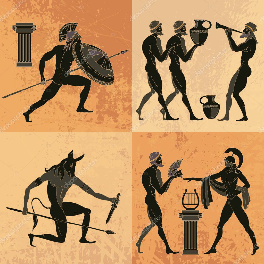 Bohaterowie Mitologiczni Jako Symbole Wartości Cenionych Także Dziś Zestaw z mitologii greckiej. Starożytna Grecja sceny — Grafika