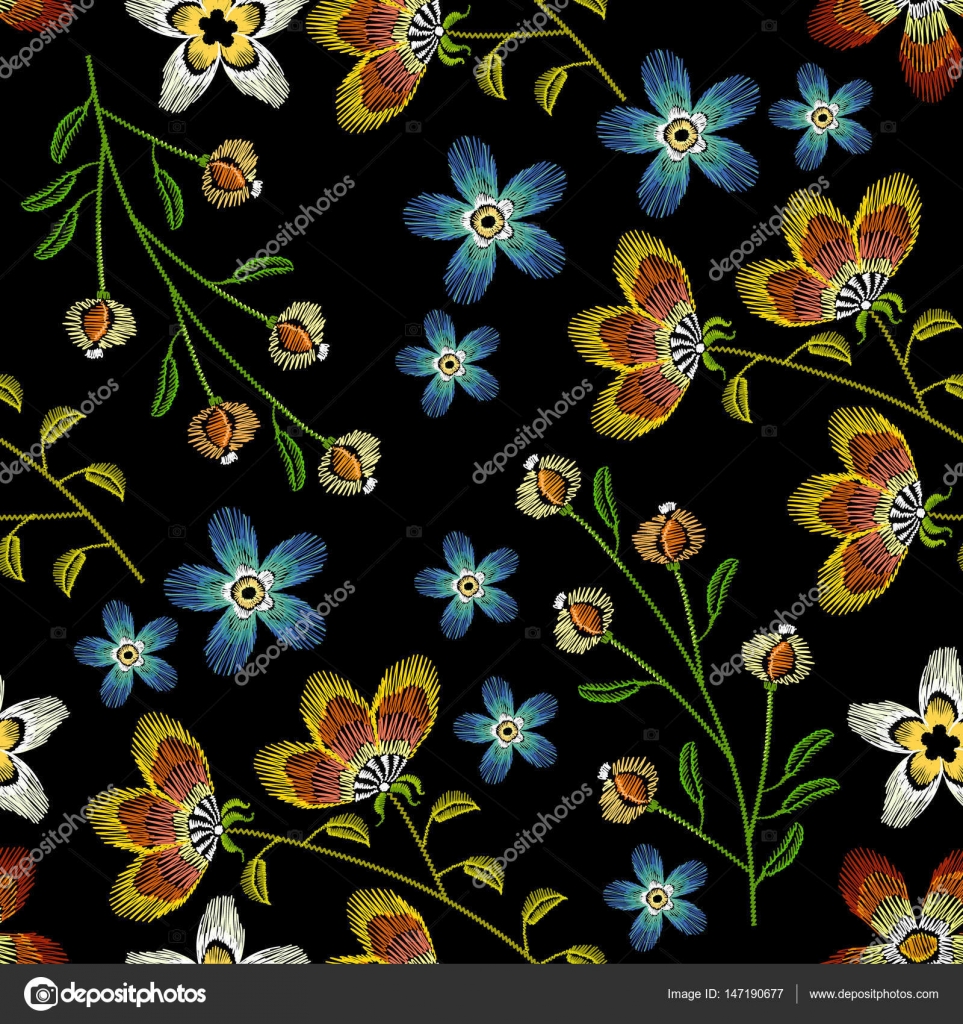 Modello senza cuciture ricamo di fiordalisi Bei fiori della sorgente su priorit  bassa nera Modello alla moda ricamo classico per il disegno dei vestiti