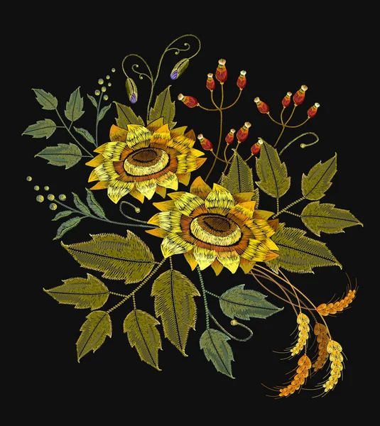 Embroidery sunflowers, flowers, wheat. Beautiful bouquet sunflow