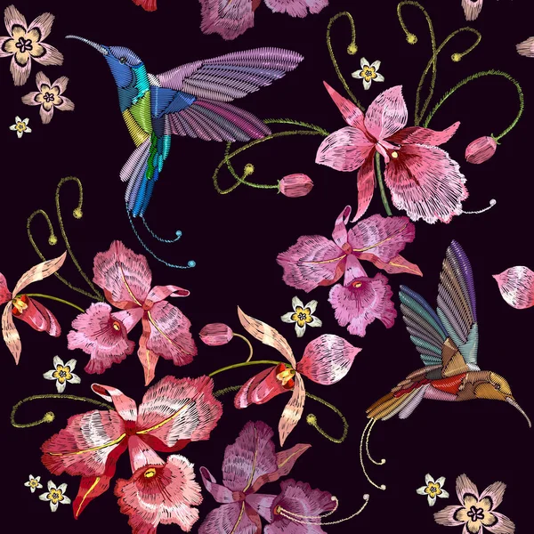 Humming bird and orchid exotic tropical flowers seamless pattern