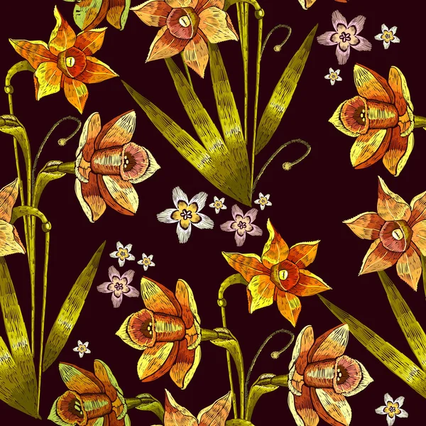 Narcissus embroidery seamless pattern. Beautiful daffodils Stock Illustration