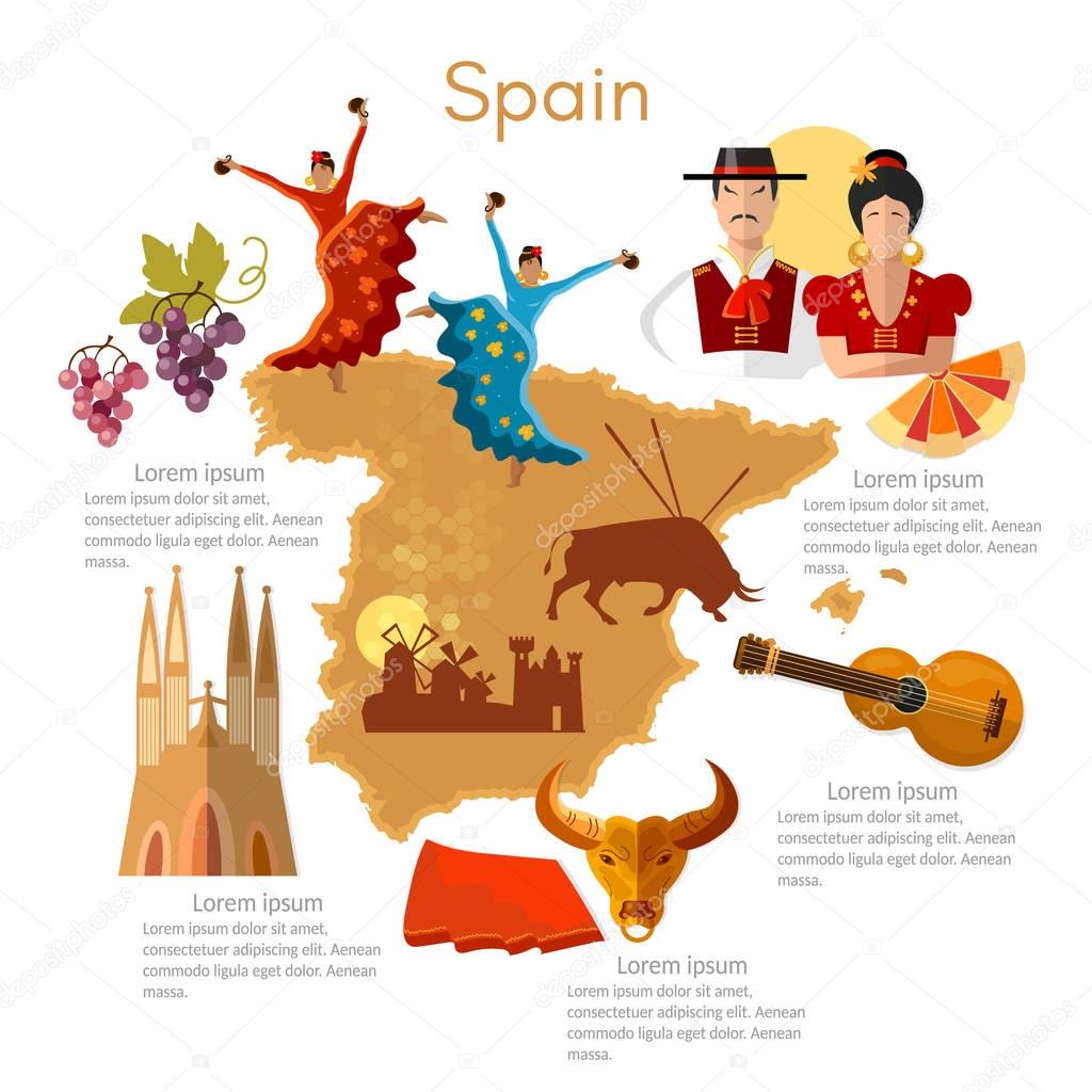 Spain infographics. sights, culture, spanish traditions, map — Stock