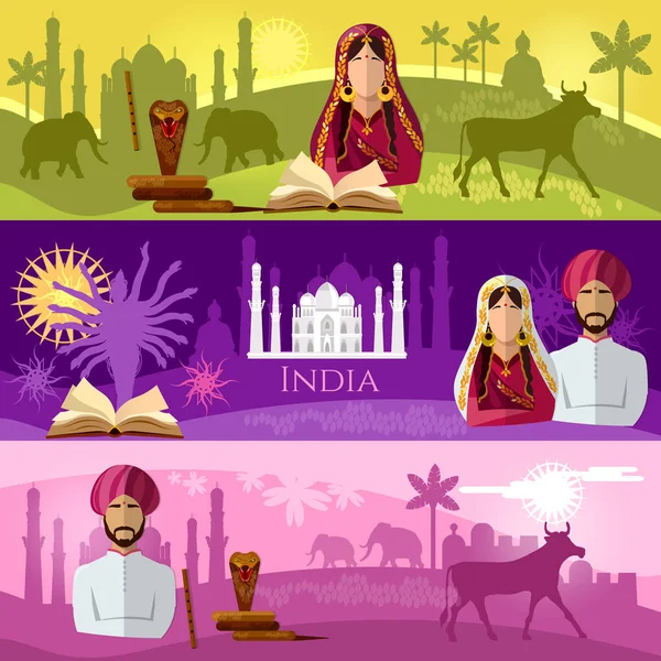 Travel to India banner. Taj mahal, elephants, saris, gods