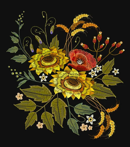 Embroidery sunflowers, roses, flowers, wheat. Beautiful bouquet