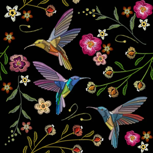 Beautiful hummingbirds and exotic flowers embroidery