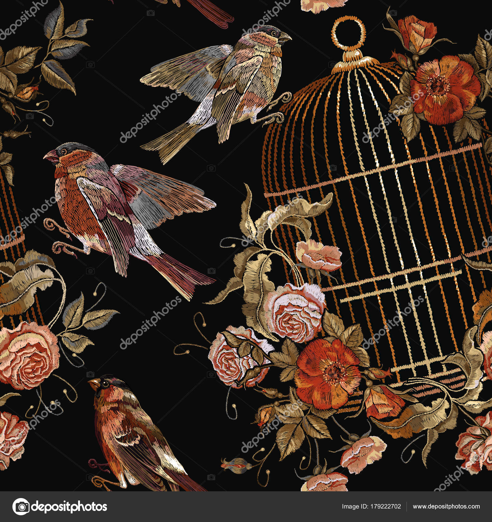 Broderie Des Oiseaux Et Oiseaux De Cage Et Fleurs Vintage